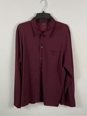 DKNY Men's Button-Down Cotton Blend Shirt Burgundy Y2K Straight Hem Pocket XL